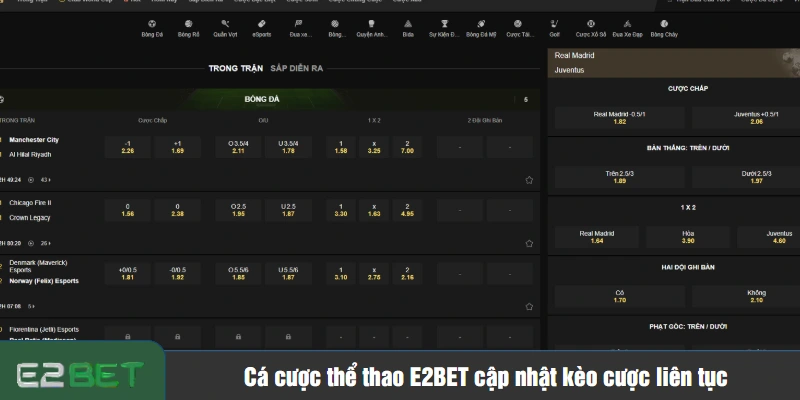 Cá cược thể thao E2BET cập nhật kèo cược liên tục